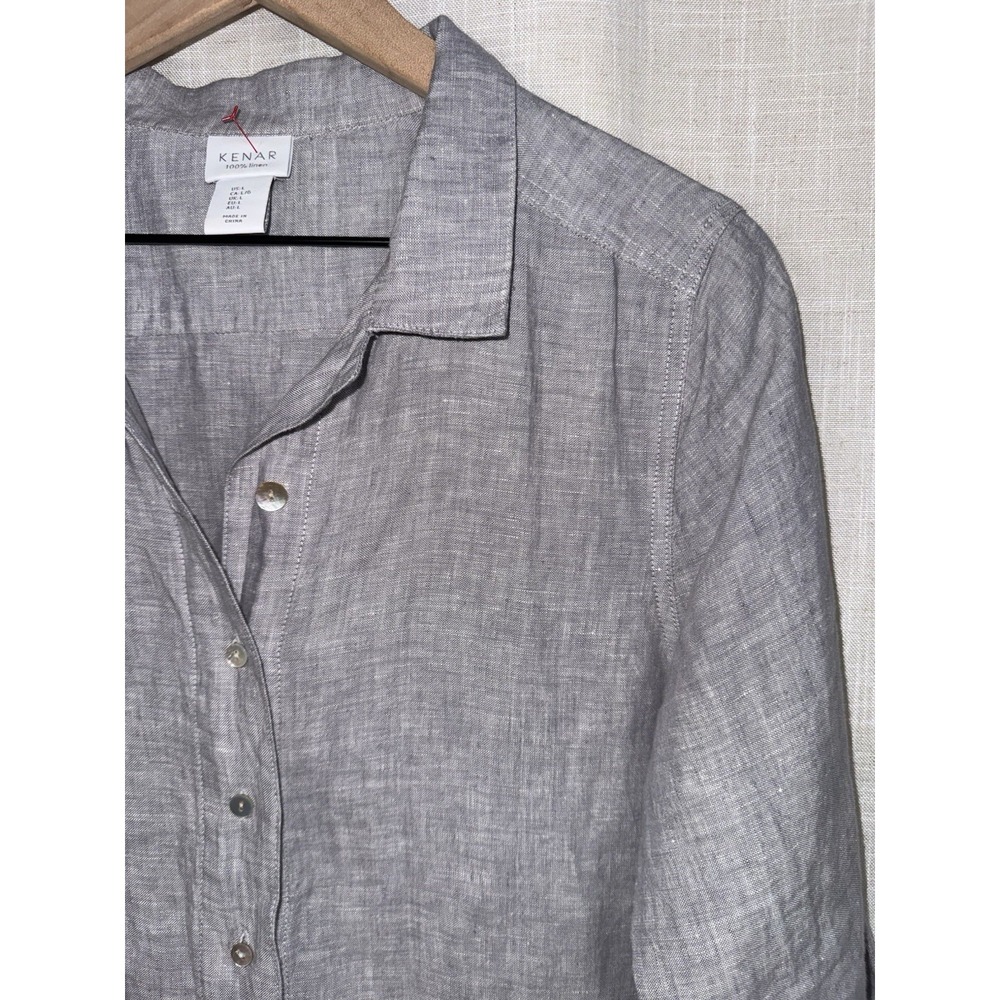 Kenar Gray 100% Linen Woven Shirt Dress Sz Large Collared MOP buttons Pockets - Picture 2 of 9